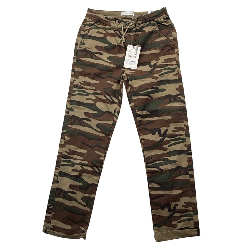 Zara Kids Camo Pants Adjustable Waist Stretch Brown Tan Pockets Boys L 13-14 NEW